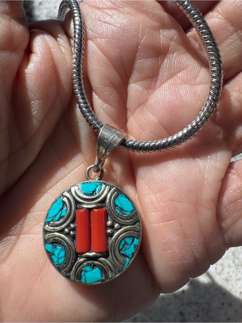 Turquoise and Red Coral Pendant Silver Necklace, 20 inches